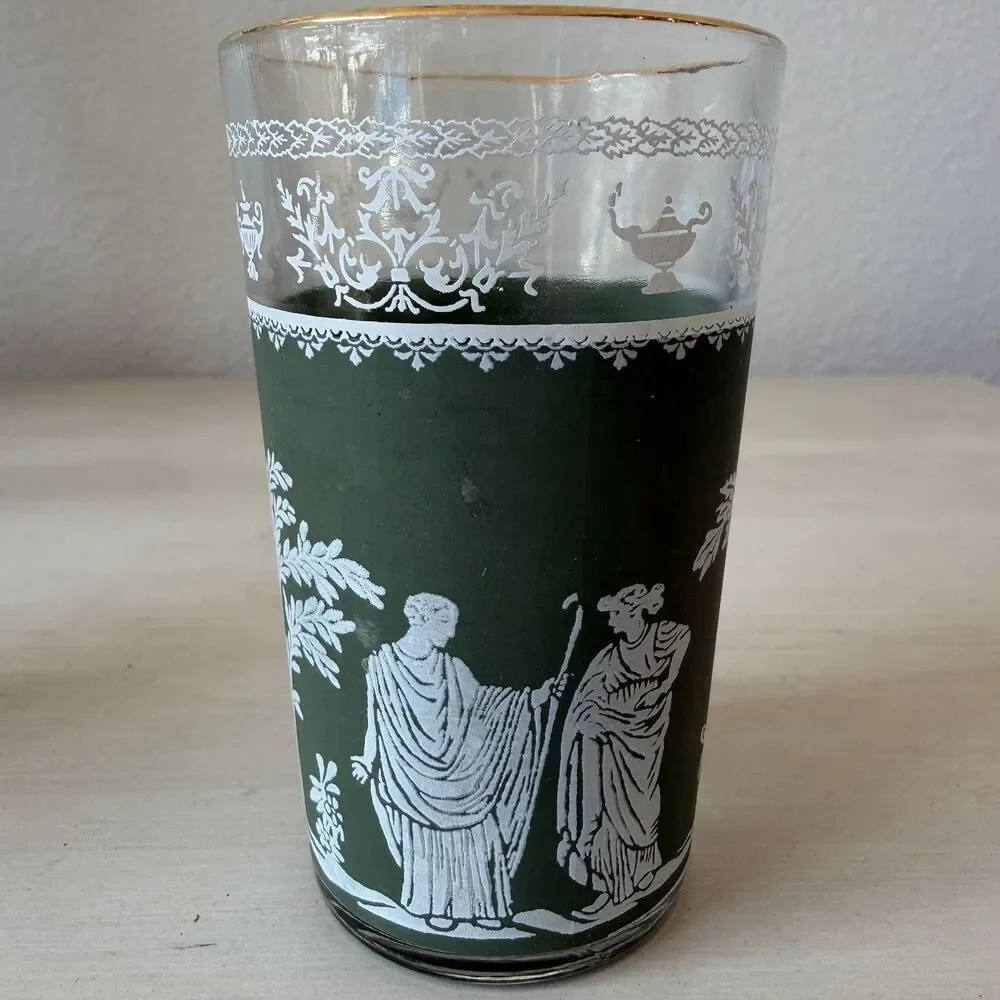 Set of 2 Vintage Jeanette Juice Glass Green Hellenic Jasperware Style Gold Rim